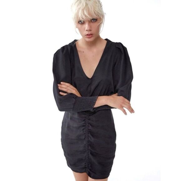 Like New Zara Voluminous Ruching Smocked Balloon Sleeves Side Zipper Black Dress - Picture 12 of 12